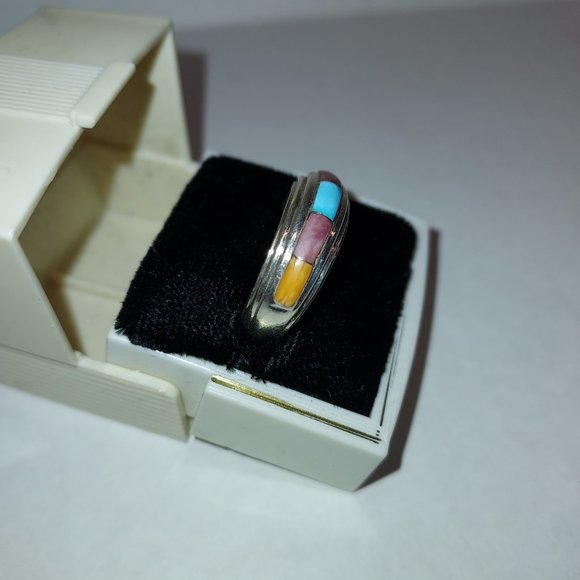 Native American Wide turquoise  & spiny oyster Inlay Ring Signed I J - Picture 3 of 11